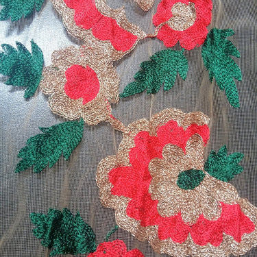 Beige Soft Net Lace Trim With Red, Green And Gold Floral Embroidery, Indian Trims
